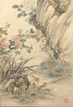 Load image into Gallery viewer, 田中梧堂|TANAKA Godo「四時花卉図」(明治辛亥-1911年作) 物故作家掛軸 共箱 正月 めでた掛 年中/普段掛け 茶道具 /寄付き/待合掛 煎茶道 日本画 花鳥画 南画 JY2237