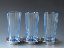 Load image into Gallery viewer, Produced and sold by Osaka Takashimaya Sky blue hand-cut glass, 3 customers, tin glass inlaid coaster included, circa 1960 dbsy100111-k
