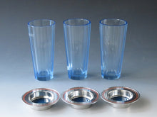 Load image into Gallery viewer, Produced and sold by Osaka Takashimaya Sky blue hand-cut glass, 3 customers, tin glass inlaid coaster included, circa 1960 dbsy100111-k