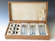 Load image into Gallery viewer, Produced and sold by Osaka Takashimaya Sky blue hand-cut glass, 3 customers, tin glass inlaid coaster included, circa 1960 dbsy100111-k