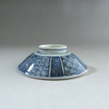 画像をギャラリービューアに読み込む, 伊万里焼(江戸期 1810年頃) 地紋祥瑞染付写 見立て蓋碗 約80cc 萩焼瓶台添 dbsy9612-n