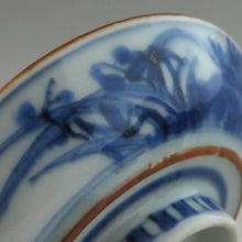 画像をギャラリービューアに読み込む, 伊万里焼(江戸期 1810年頃) 地紋祥瑞染付写 見立て蓋碗 約80cc 明治期手描蘭竹華文瓶台添 dbsy9613-o