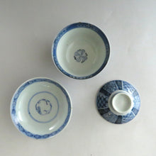 画像をギャラリービューアに読み込む, 伊万里焼(江戸期 1810年頃) 地紋祥瑞染付写 見立て蓋碗 約80cc 江戸後期手描岩波文瓶台添 dbsy9616-b