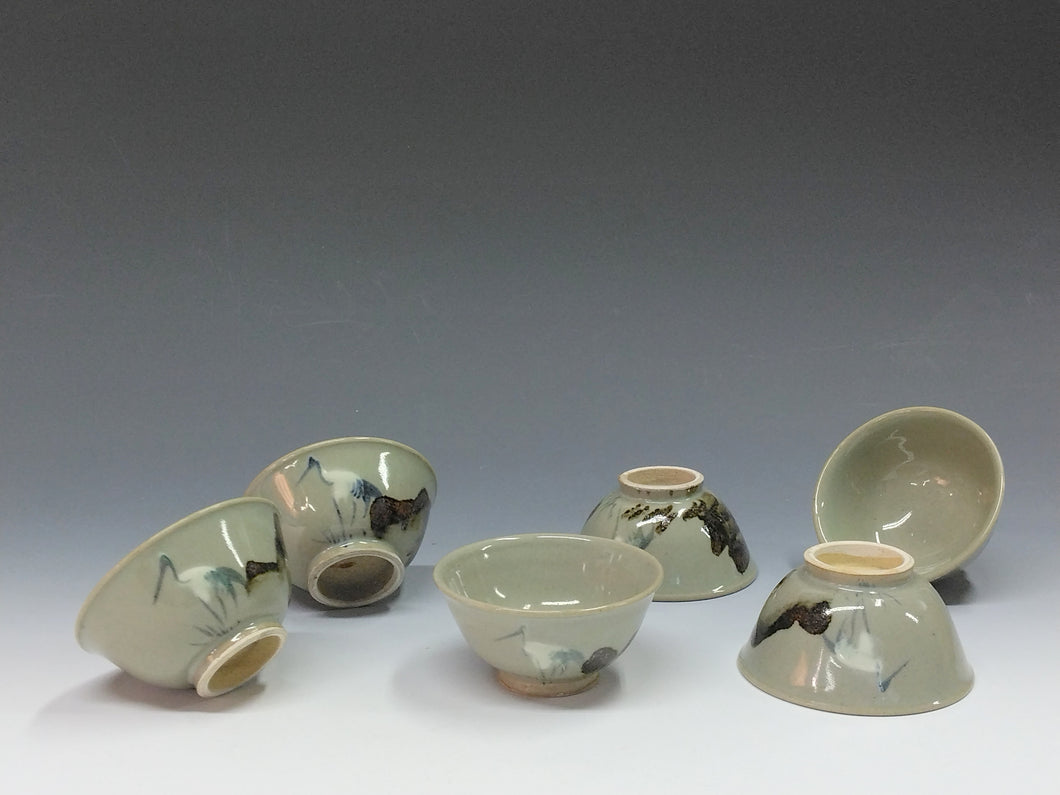 時代もの 鉄呉須絵白釉 白鶴図 煎茶碗 6客 dbsy14676-o