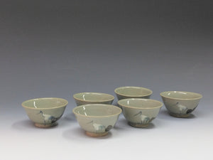 時代もの 鉄呉須絵白釉 白鶴図 煎茶碗 6客 dbsy14676-o