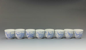 時代もの 平戸焼｜HIRADO ( 長崎県, 江戸後期~幕末期/1840年代頃作製 ) 白磁 青花 雲龍染付 上手 猪口 8客揃 / 茶杯 酒盃 ぐい吞/ 伊万里 IMARI dbsy14682-L