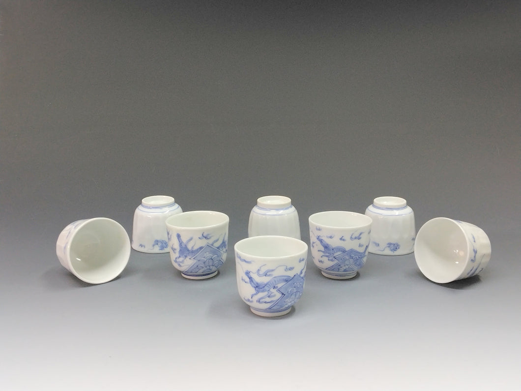 時代もの 平戸焼｜HIRADO ( 長崎県, 江戸後期~幕末期/1840年代頃作製 ) 白磁 青花 雲龍染付 上手 猪口 8客揃 / 茶杯 酒盃 ぐい吞/ 伊万里 IMARI dbsy14682-L