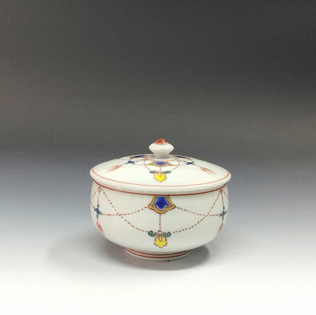名窯 清水焼｜Kiyomizu ｗare( 京都 ) 手描き赤絵 瓔珞文 蓋茶碗 / 湯 汲出1客 dbsy15464-x