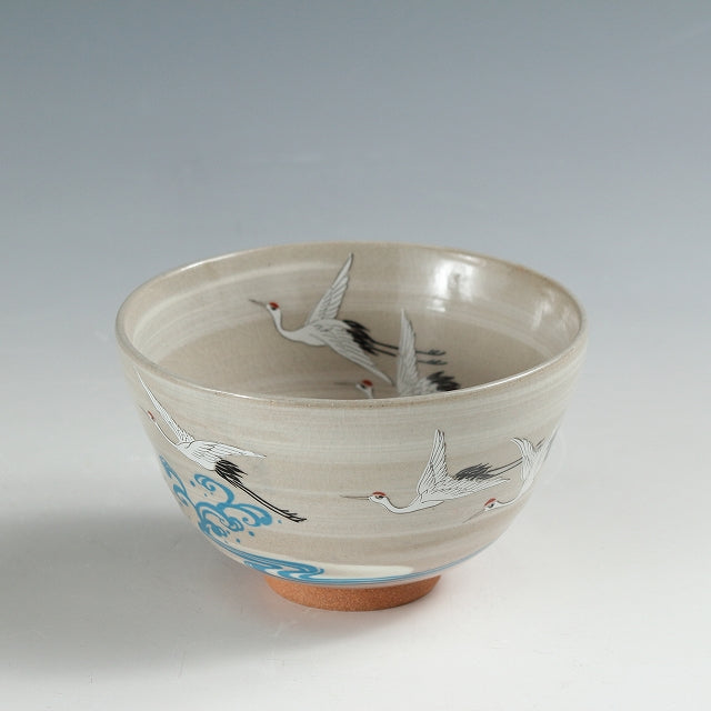 Illustrated picture of a crane on waves Tea bowl Kiyomizu ware Auspicious/Medeta dbsy11956-f