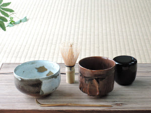 First tea ceremony set, 5 pieces, set of tea bowls, wrapping cloth, basket included, s2-o