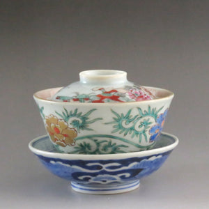 伊万里（约 1810 年）蓝花染色中国诗词图案带盖碗（N） 盖子下容量约 120cc dbsy7323-z