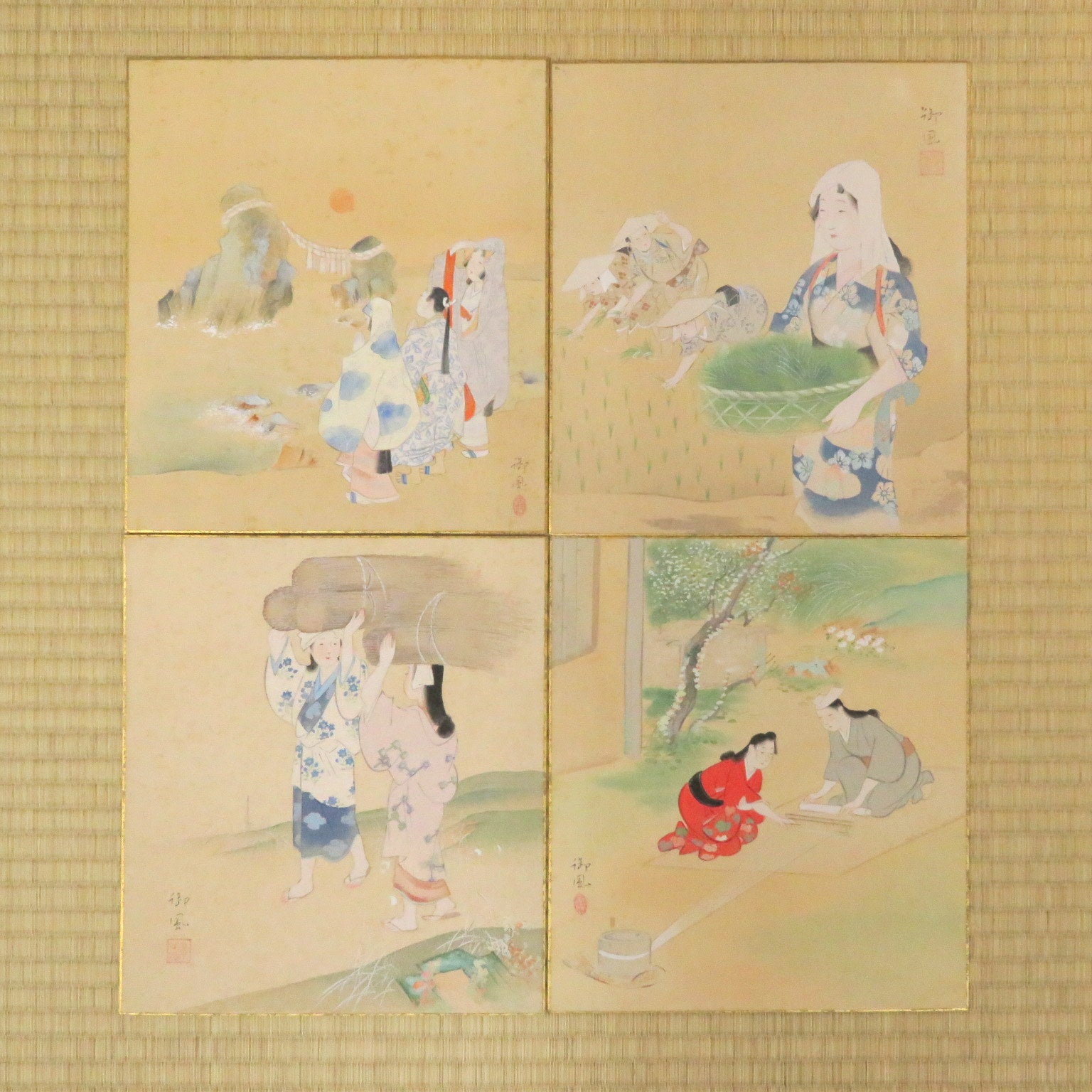 日本画家「三宅凰白（みやけこうはく）」色紙４点（共箱入り）季節・年中行事