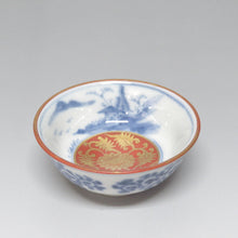 将图片加载到图库查看器，大圣寺伊万里（1910年，明治末期，石川县）染色章鱼蔓藤花纹山水永乐手工金锦牡丹图案杯茶杯6件套（A）dbsy6532-R
