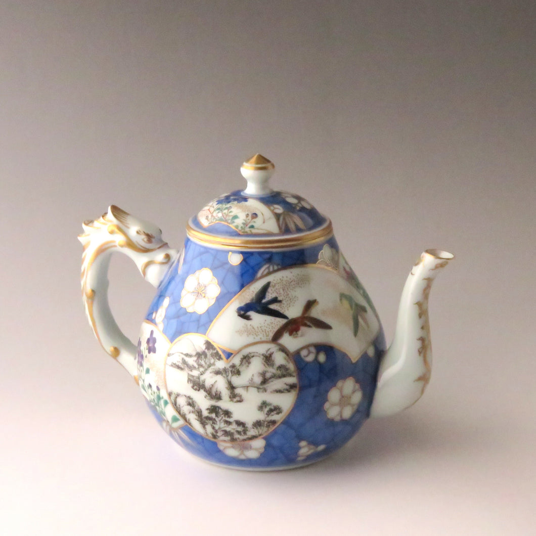 初代 幹山伝七(1820頃-1891) 青氷海地紋花鳥絵茶瓶 急須 Teapot (1870-1889年作) bsy6640-9