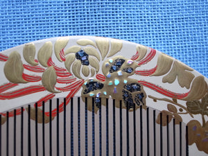 菊花莳绘、蓝色贝壳、装饰梳子、木制、大正时期